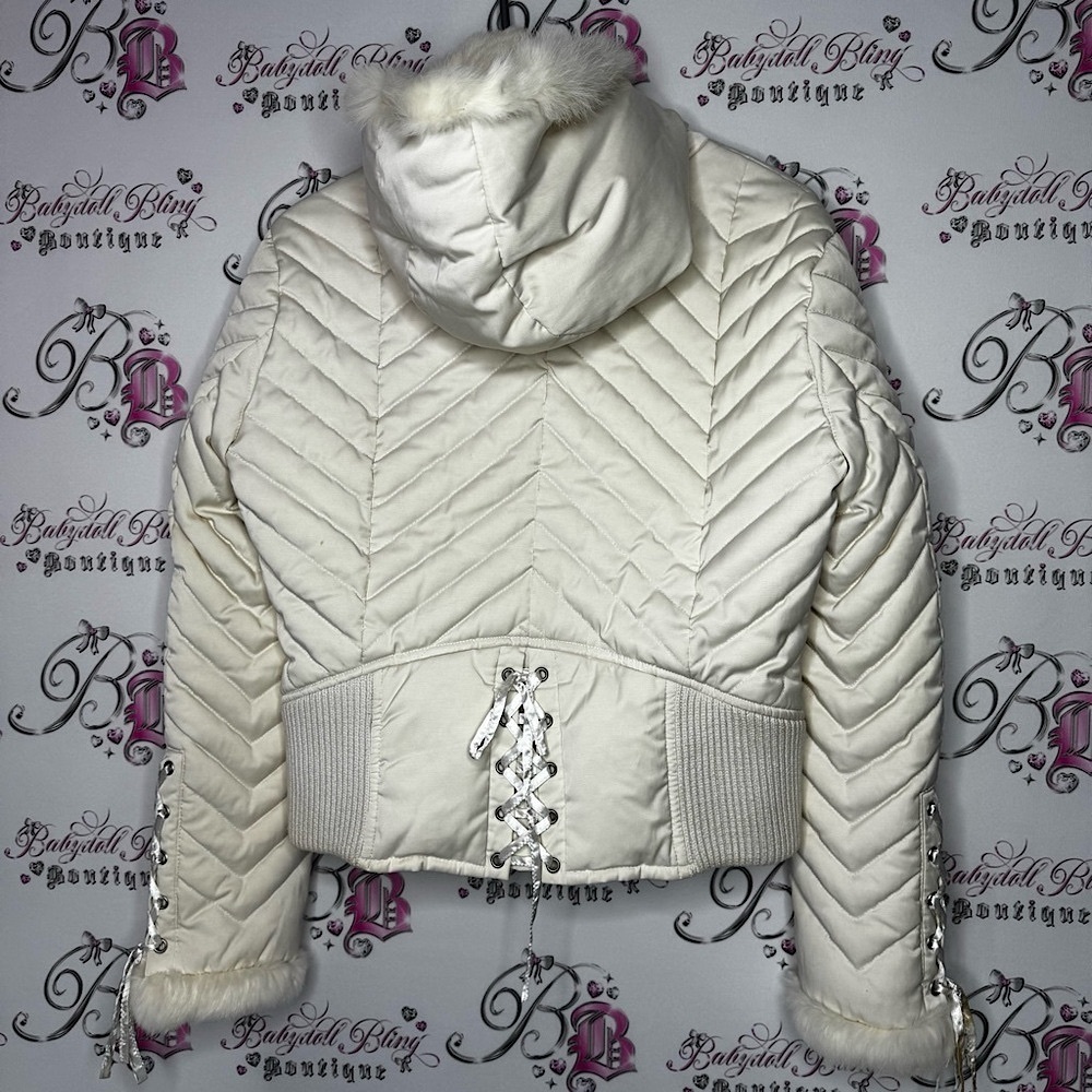 Bebe corset coat jacket snow bunny fur rabbit White Quilted Jacket Fur Trim hood